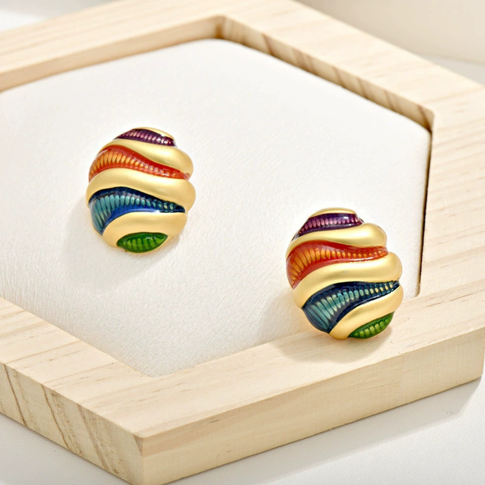Vintage Cocoon Shape Enamel Earrings Matte Gold Stripe Statement
